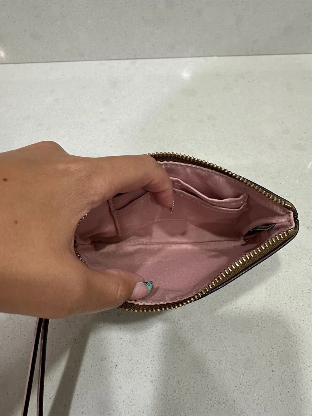 Coach Brown Signature Canvas Wristlet with Pink Stripe